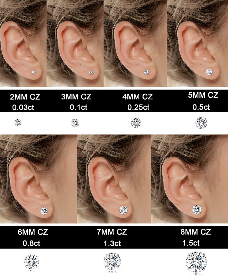 Tornito 7 Pairs 20G Stainless Steel Stud Earrings Round Cubic Zirconia Barbell Earring Set For Men Women 2MM-8MM Silver Tone - Image 2
